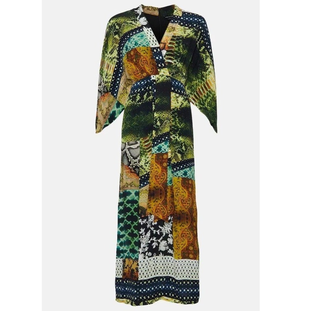 Karen Millen Maxi Dress Viscose Crepe Snake Kimono Green Patchwork Print US 8
